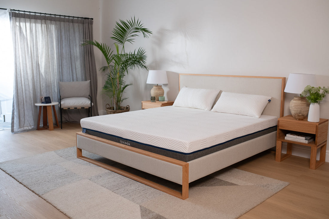 Sloom's premium oak edge bedframe and headboard is available in a range of neutral colours