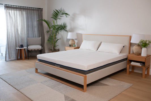 Sloom's premium oak edge bedframe and headboard is available in a range of neutral colours